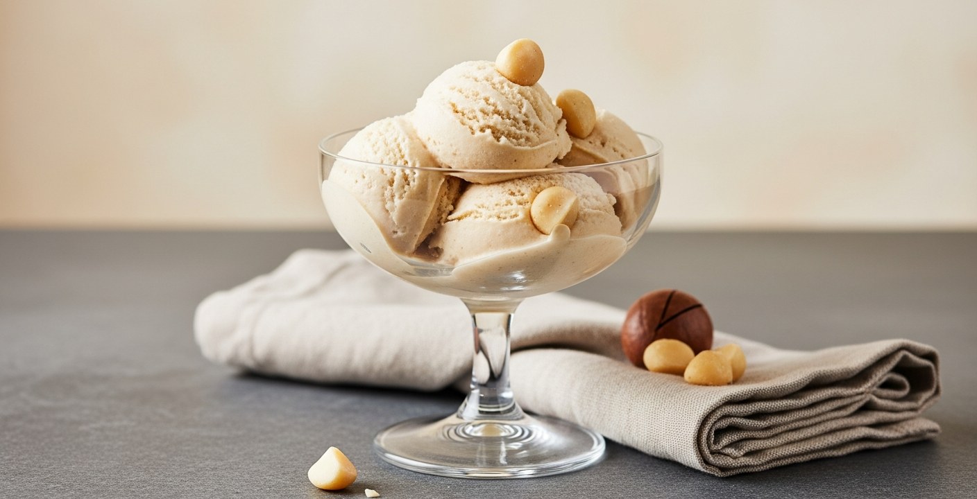 Gelato Triple M: noci macadamia, miele e salsa mou